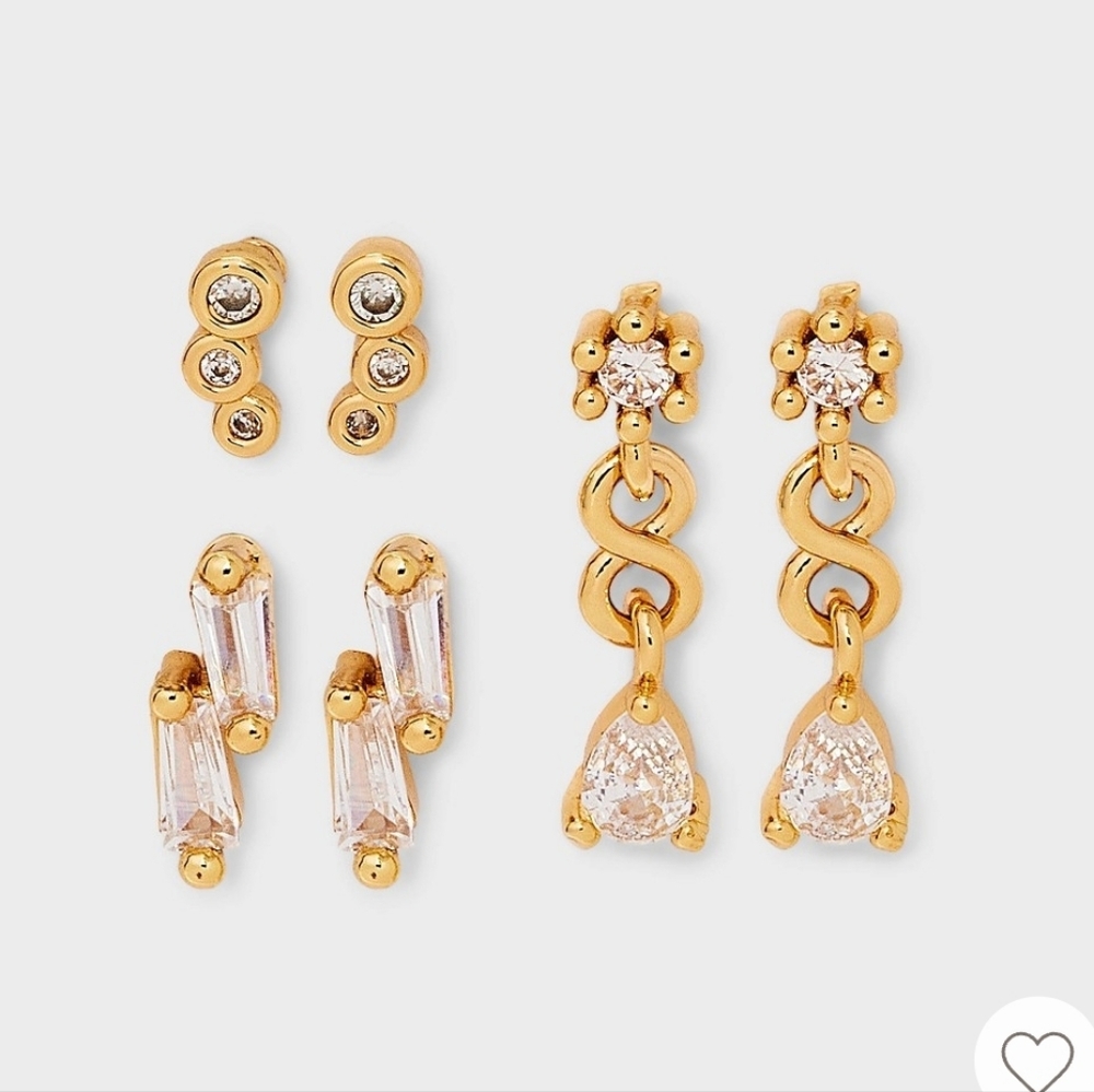 New!Drop & Stud 3pc Elegant LinearGold-tone & Glass Earring Set POst closure Y2K